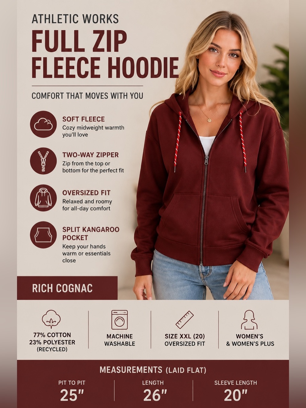 Women’s Plus Size Full Zip Fleece Hoodie 2X XXL Oversized Rich Cognac Brown - Picture 2 of 15